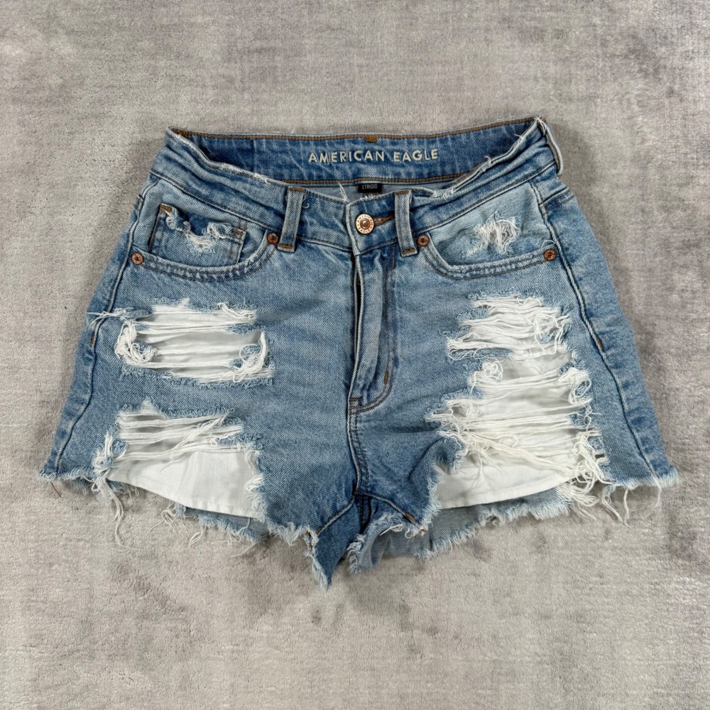 American Eagle Denim Shorts Womens 2 Blue Strigid Distressed High Rise Cutoff
